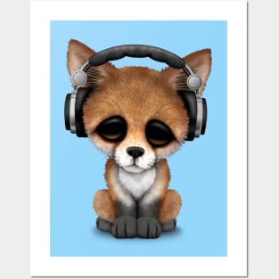 Cute Red Fox Cub Dj Wearing Headphones Posters and Art